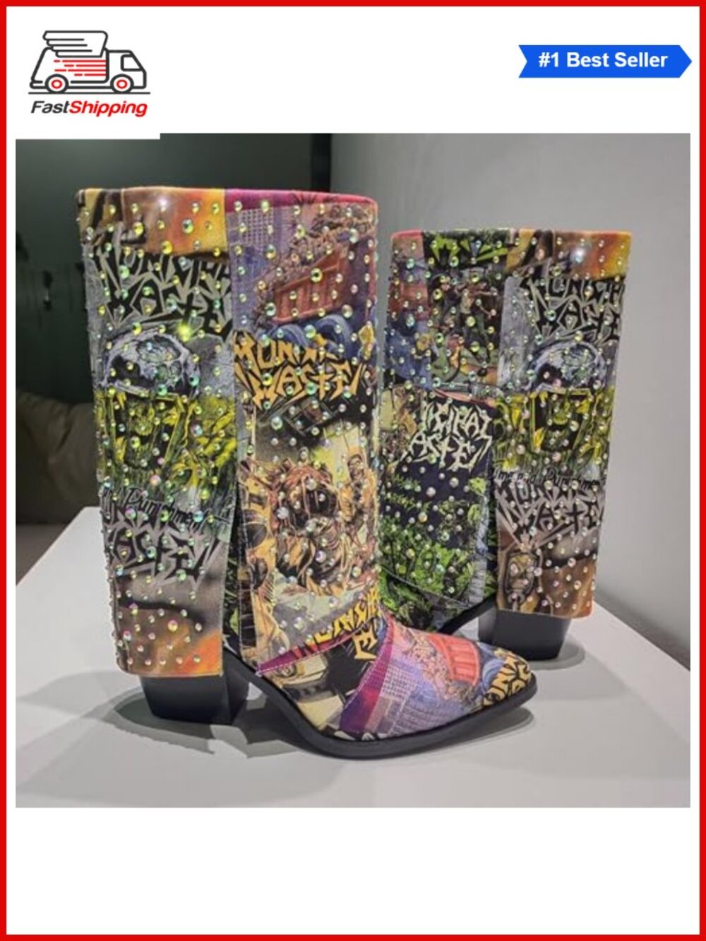 ✨Krylinette Graphic Print Rhinestone Mid Calf Denim Boots Chunky Heel Western - Picture 5 of 6